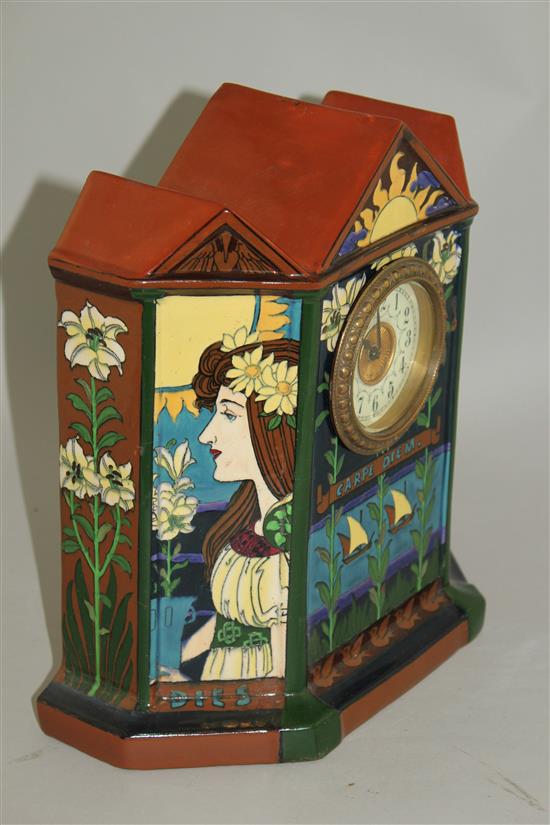 Frederick Rhead for Foley. An Intarsio ware mantel clock, c.1900 29cm, slight restoration